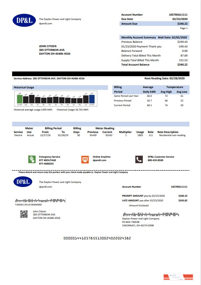 USA Ohio DP&L utility bill template in Word and PDF format
